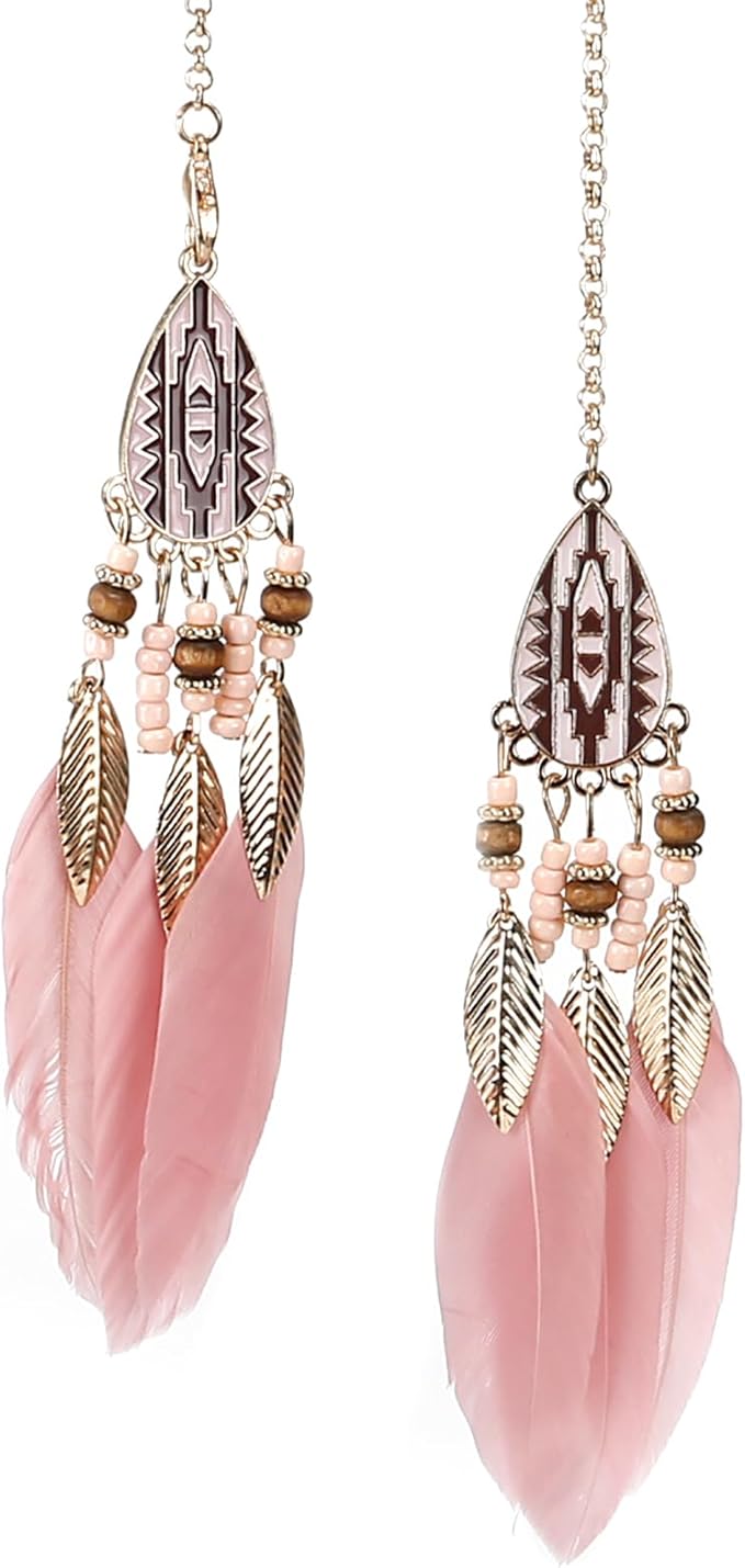 Mini Dream Catcher Car Interior Rearview Mirror Hanging Decor Nature Feather Small Boho Car Charms Pendant Accessories (New Pink)