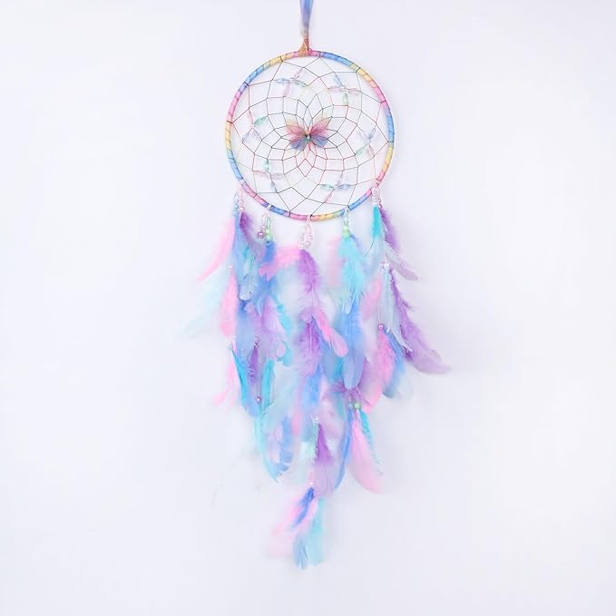 Pretty Jolly Dreamy Girls Butterfly Dream Catcher Wall Decor Fairy Colored Feathers Baby Dreamcatcher Handmade Home Décor Wall Hanging for Nursery Bedroom Girls Birthday Gift