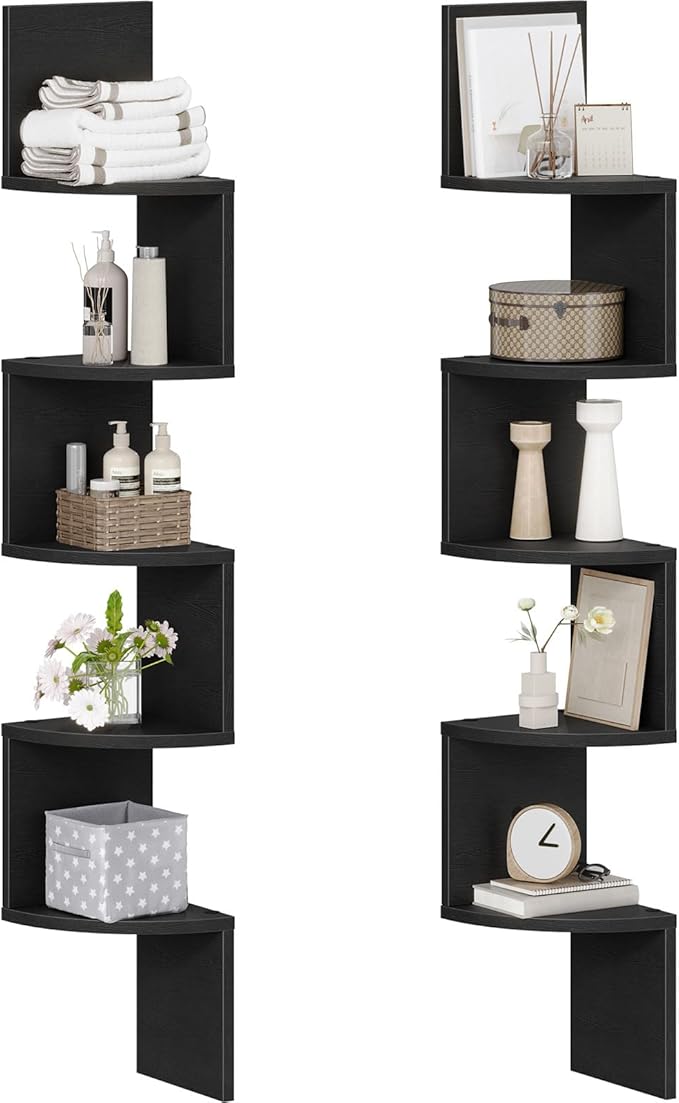 HOOBRO Corner Shelf Wall-Mounted, Set of 2 Floating Corner Shelves for Wall, 5-Tier Corner Bookshelves for Living Room, Bedroom, Bathroom, Home Office, Black BK26BJP201