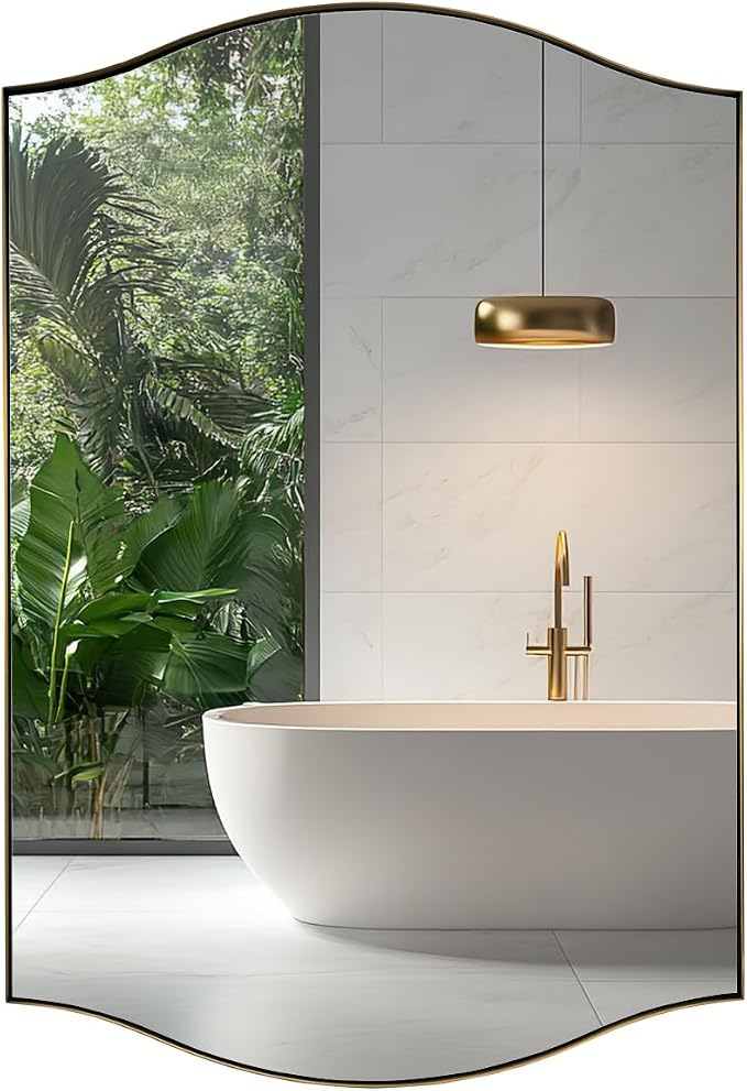 ANDY STAR 30"x40" Scalloped Wall Mirror, Brushed Gold Rectangle Bathroom Mirror with Curved Edge Stainless Steel Metal Frame, Large Wall-Mounted Mirror for Bathroom, Entryway (Horizontal/Vertical)