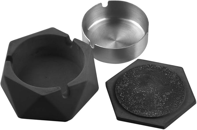 FREELOVE Concrete Ashtray with Lid & Stainless Steel Ashtrays, Cement Ash Tray Smoking Holder Indoor Smokeless Outdoor Windproof Patio Home Office Cool Decor(Dark Grey, Small)