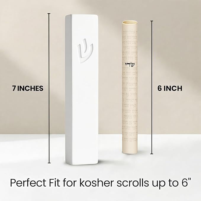SURI Mezuzah for Door – 7 Inch White Concrete Mezuzah Case with Printed Scroll, Self-Stick Jewish Entry Design, Fits a 6 Inch Scroll, Gift Box Included