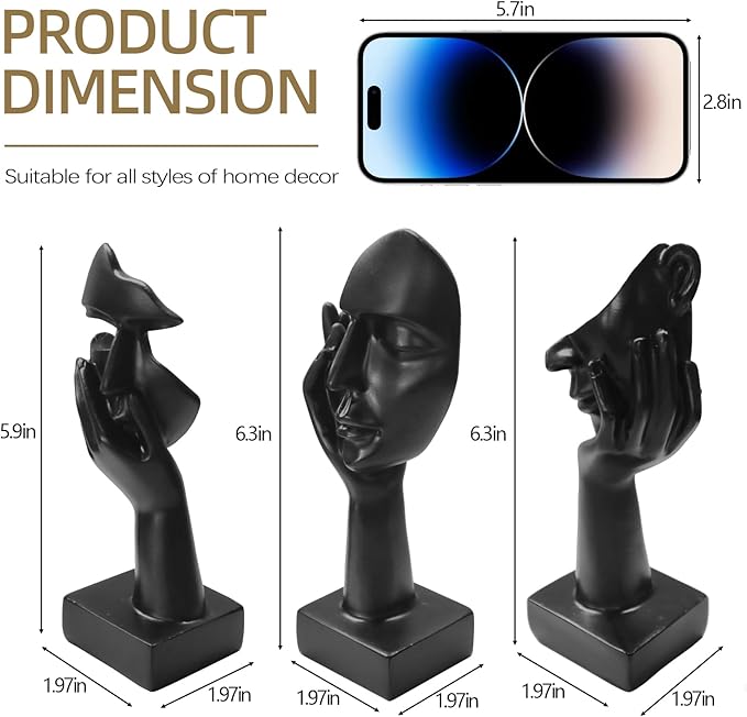 aboxoo 3 Pcs Thinker Statue, No Hear No See No Speak Modern Resin Sculptures Decor, Silence is Gold Abstract Art Figurines for Living Room, Home, Office Study (Black)