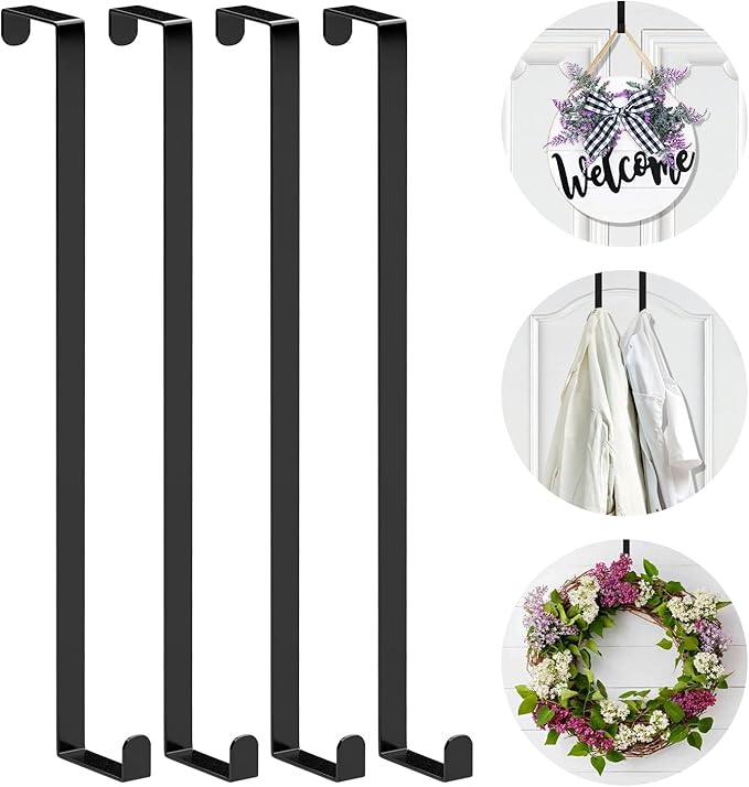Booda Brand Over The Door Hooks 14”, 4 Pack Upgraded Widen Hanger Hook Fits 1-3/4” & 1-3/8”Door Widths, Z-Shaped Wreath Sturdy for Hanging Wreaths, Hats, and Clothes (Black)