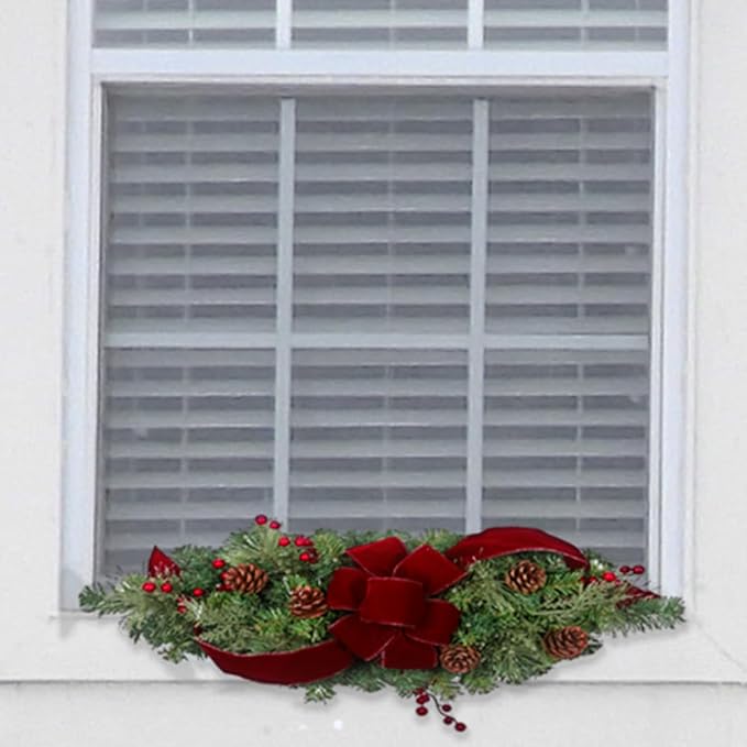 Haute Decor 28 Inch Wide Classic Holiday Window Swag PRE-LIT with Energy-Efficient LED Lights - Battery Operated Timer with Automatic On-Off