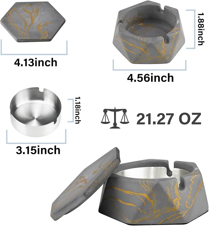 FREELOVE Concrete Ashtray with Lid & Stainless Steel Ashtrays for Cigarettes, Cement Ash Tray Smoking Holder Indoor Smokeless Outdoor Windproof Patio Home Office Cool Decor(Grey-Gold, Small)