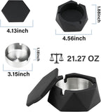 FREELOVE Concrete Ashtray with Lid & Stainless Steel Ashtrays for Cigarettes, Cement Ash Tray Smoking Holder Indoor Smokeless Outdoor Windproof Patio Home Office Cool Decor(Black, Small)