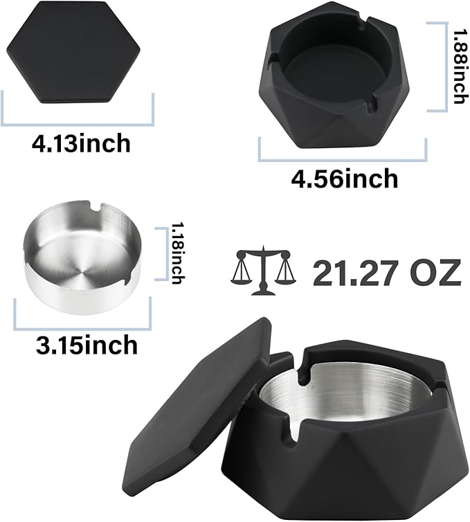 FREELOVE Concrete Ashtray with Lid & Stainless Steel Ashtrays for Cigarettes, Cement Ash Tray Smoking Holder Indoor Smokeless Outdoor Windproof Patio Home Office Cool Decor(Black, Small)