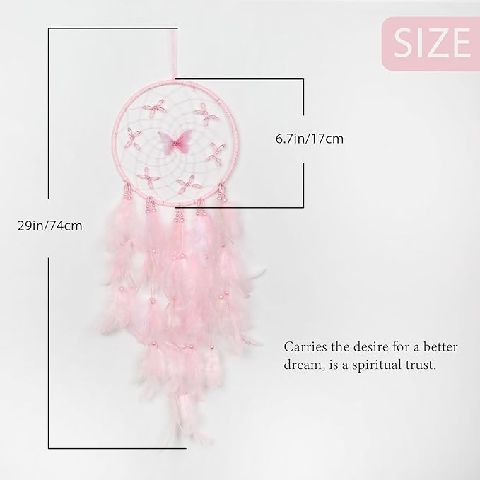 Pretty Jolly Dreamy Girls Butterfly Dream Catcher Wall Decor Fairy Pink Feather Baby Dreamcatcher Handmade Home Décor Wall Hanging for Nursery Bedroom Girls Birthday Gift
