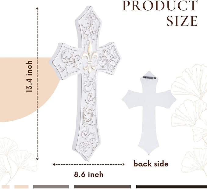 TRENDIN Gold Cross for Wall, Rustic Wooden Cross with Fleur de Lis, Decorative Hanging Christian Wall Art for Home, Living Room, or Bedroom, Distressed White