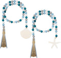 Janinka 2 Pcs Farmhouse Seashell Bead Garland with Tassels Decorative Beads Decor Nautical Farmhouse Tiered Tray Decorations Set Coastal Garland for Home and Kitchen, Wooden Beads(White)