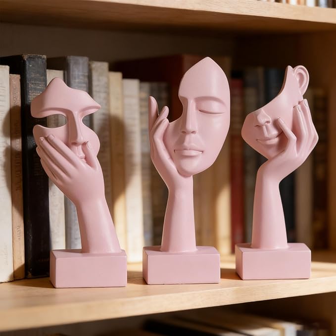 3 Pcs Thinker Small Statue Set - Pink Art Abstract Home Accent Figurines for Decor Woman Apartment Bookshelf Floating Shelf Coffee Table Office Desk Bathroom Counter Decor (3 Pcs Pink, 6")