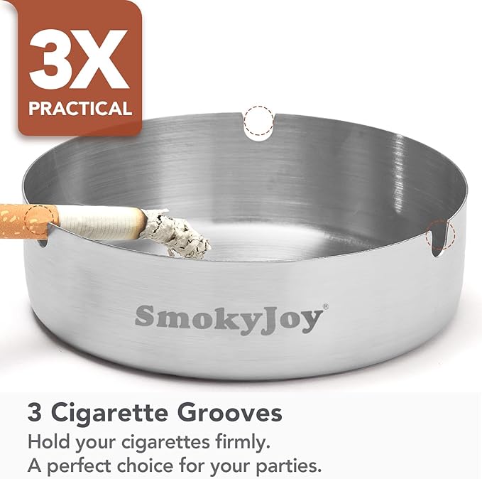 Ashtray with Lid for Outside Patio, 2 Pack Windproof Ash Tray, Silver Stainless Steel Smokeless Ashtray for Outdoor Home Office Tabletop Patio Outdoor Balcony, Large
