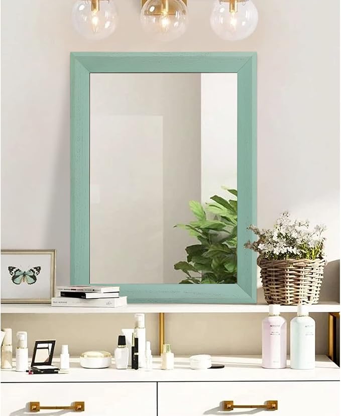 AAZZKANG Wood Framed Mirror Rectangle Modern Farmhouse Wall Mirrors Decor Large 28"x20" for Bedroom Living Room Bathroom Dressing Room Green