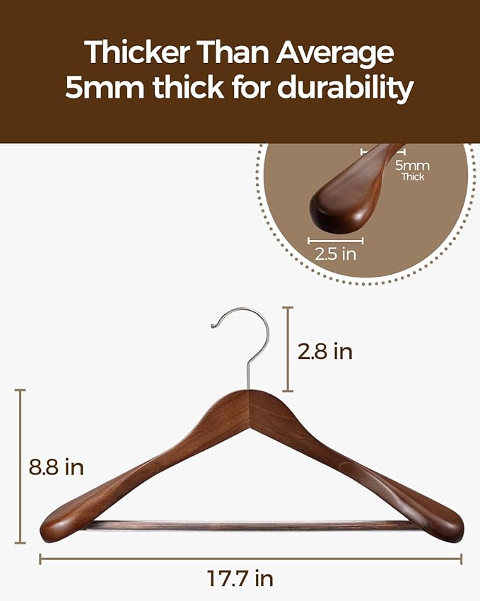 Premium Wooden Hangers 6-Pack – Wide Shoulder Non-Slip Design for Coats, Jackets & Suits | 360° Rotating Closet Organizers | Durable & Space-Saving (Vintage Wood)