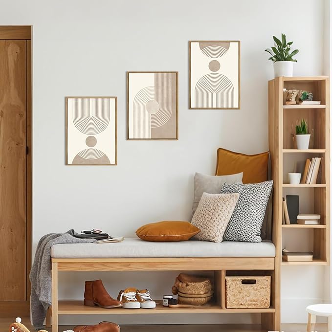 BINCUE Neutral Abstract Wall Art Boho Geometric Wall Decor Mid Century Modern Artwork Boho Abstract Art Prints Beige Abstract Paintings Elegant Modern Wall Pictures for Living Room Bedroom Office 12" Lx16 W Set of 3 Gift