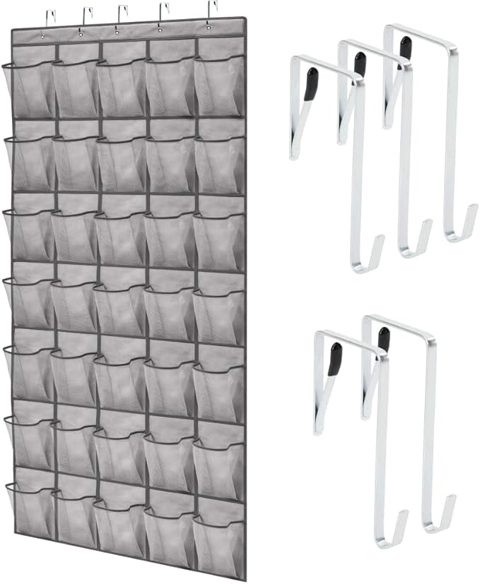 GORILLA GRIP Over the Door Shoe Organizer, 35 Large Breathable Mesh Pockets, Space Saving Hanging Storage Holder, 5 Hook Closet Rack Hanger, Hangs on Closets for Shoes, Accessories 68.5H x 24.5W Grey