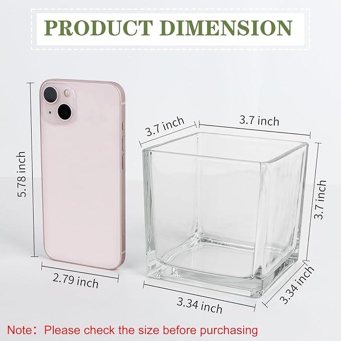 1 Pack Square Glass Vase 4" x 4" x 4", Clear Flower Vase for Centerpieces, Candle Holder for Wedding Party Events, Home Décor