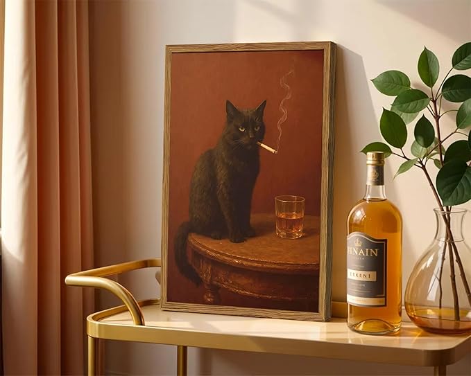 Framed Funny Black Cat Wall Art, Vintage Moody Cat Pictures Wall Decor, Humor Cool Animal Paintings Canvas Prints for Living Room Bedroom Bathroom Bar 16x24 inch