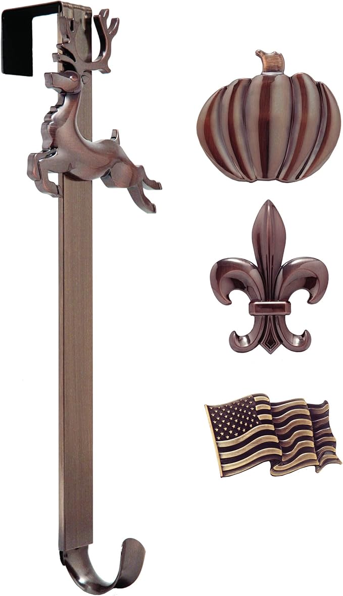 Haute Decor Adapt Adjustable Length Wreath Hanger with Interchangeable Icons (Oil Rubbed Bronze-Flag/Reindeer/Pumpkin/Fleur de lis) - 4 Wreath Hangers in 1 - Door Wreath Hanger for Every Season