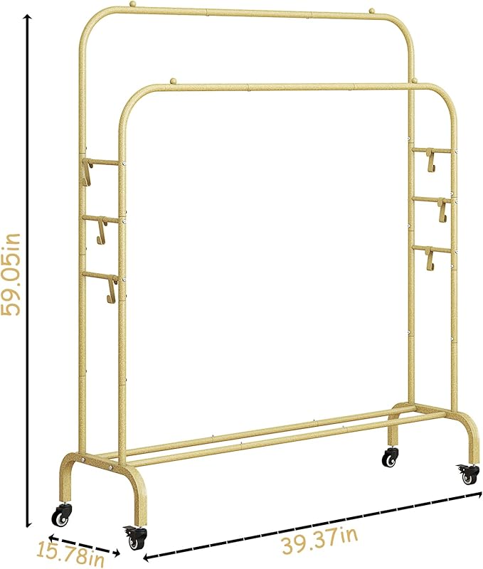 SUOERNUO Garment Rack with Wheels Clothing Rack for Hanging Clothes Multi-functional Bedroom Clothes Rack，Gold+Double Rods