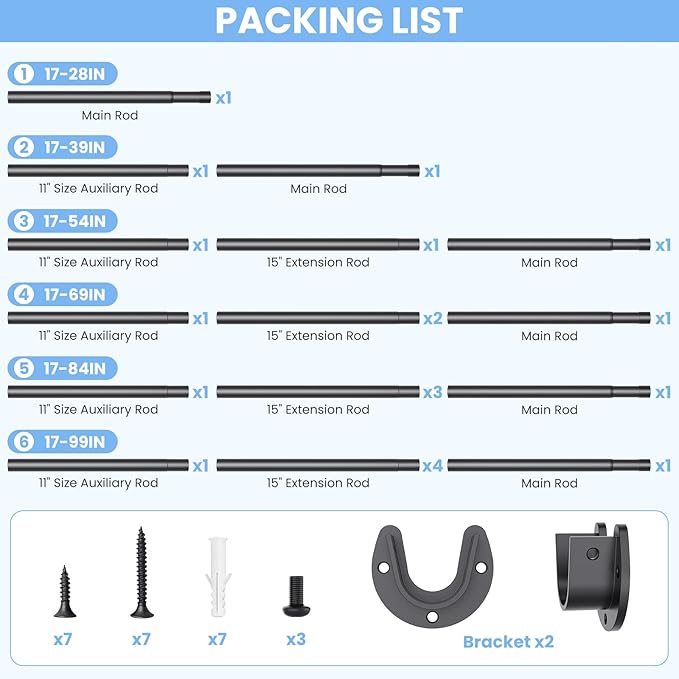 Closet Rods for Hanging Clothes, 17 to 39 Inch Stepless Adjustable Closet Rod, 1.3 Inch Diameter Metal Heavy Duty Closet Hanging Rod for Closet Wardrobes Laundry RV, Black