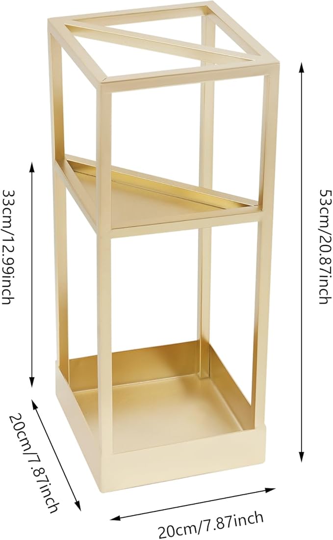 DouSeiAi 20 Inch Geometric Umbrella Stand, Metal Freestanding Umbrella Rack with Shelf, Entryway Organizer with Bottom Drip Tray for Drip Dry, Holds Umbrellas, Canes, Walking Sticks (Gold)