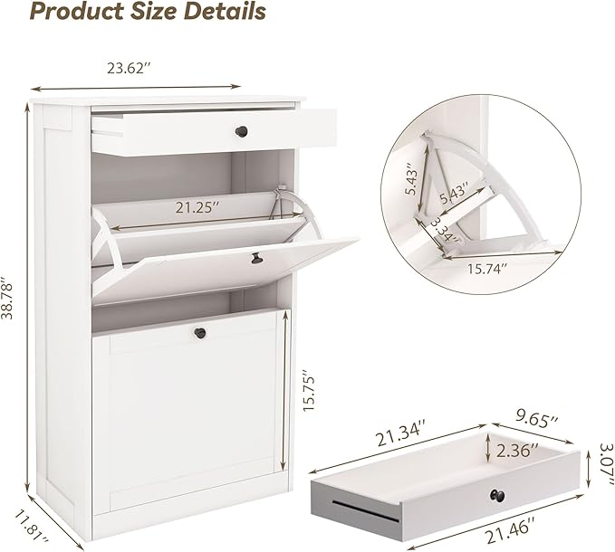 Shoe Cabinet with 2 Flip Drawers, Slim Freestanding Hidden Shoe Organizer with Drawer, Pet-Proof Shoe Storage Cabinet for Entryway Living Room Behind The Door, White