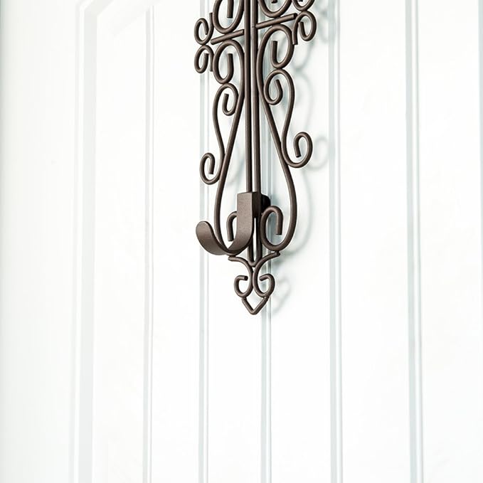 [Front Door WREATH HANGER] - Colonial Design | ADJUSTABLE Hook Length for Tall and Small Doors | PADDING to Prevent Damage like Scratch and Dents | Heavy Duty Cast Iron Metal Hangar - (Brown)