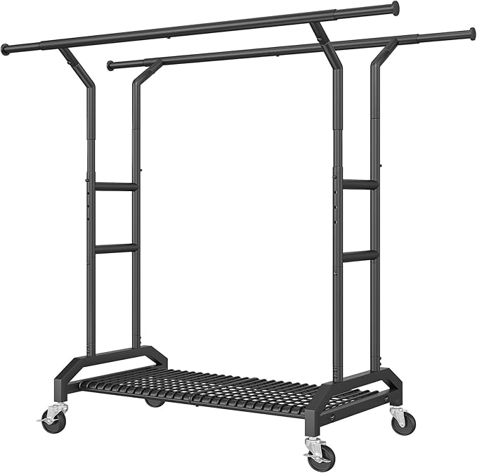 Heavy Duty Clothes Rack Double Clothing Rack 450lbs Capacity 3" Industrial Wheels 51"-71" L X 19.7" D X 73"-79" H Stury Rolling Clothes Rack Adjustable Rolling Garment Rack Black