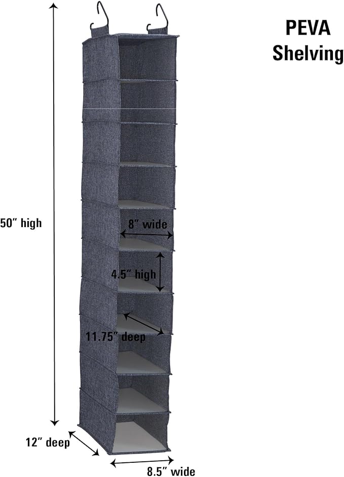 Household Essentials Hanging Narrow Cotton Blend and Plastic Closet Organizer with 10 Storage Shelves, Denim