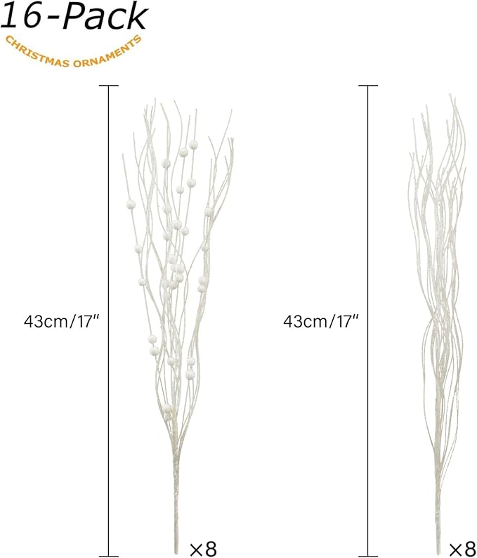 SLK 16-Pack Artificial Glitter Berry Stem Ornaments, Christmas Decorative Glittery Twigs, Picks, Branches for Tree, Wreath, Small Vase, Halloween Party (White)