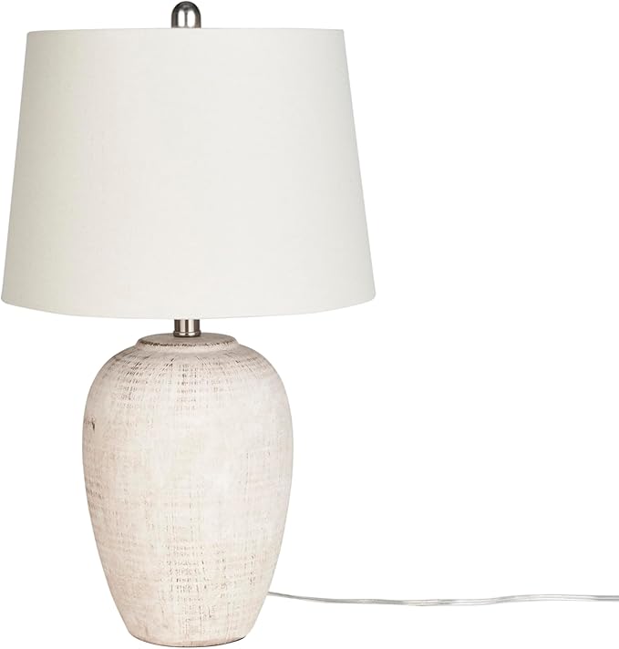 Nourison Home 23" Distressed Cream/Beige Rustic Ceramic Jar Table Lamp for Bedroom, Living Room, Dining Office, with Ivory Shade