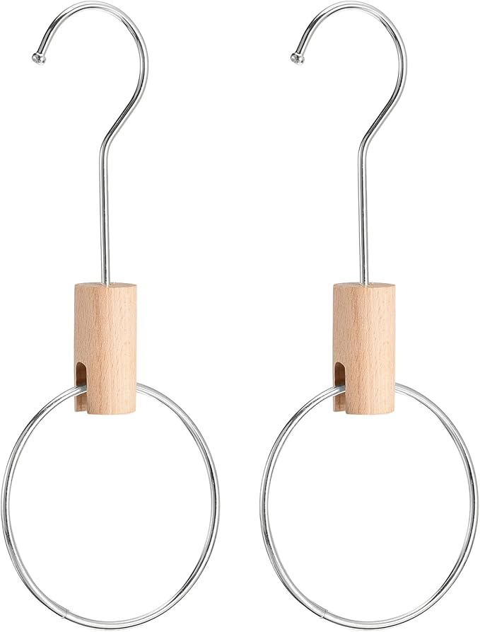 uxcell 2Pcs 4 Inch Scarf Ring Hanger Scarf Organizer Holder Wood Circle Closet Storage Hanging Hook for Belt Tie Scarf, 15cm Length Hook (Silver)