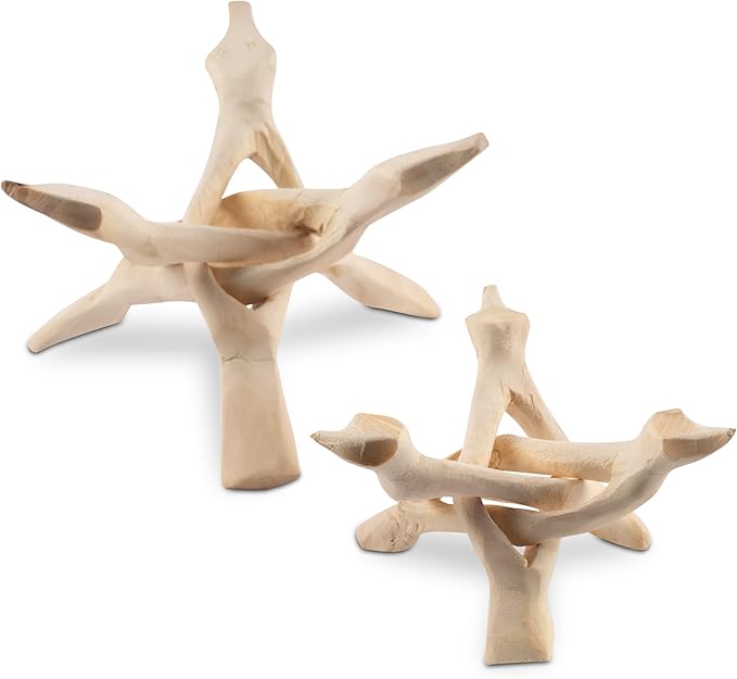 Wish Well 2 Piece Wooden Tripod Stand - 4" & 6" Hand-Carved Room Decor Holder ~ Ideal for Abalone Shell, Decorative Bowl, Crystal Ball, Sphere, Geode ~ Wood Display Stand & Perfect Crystal Holder