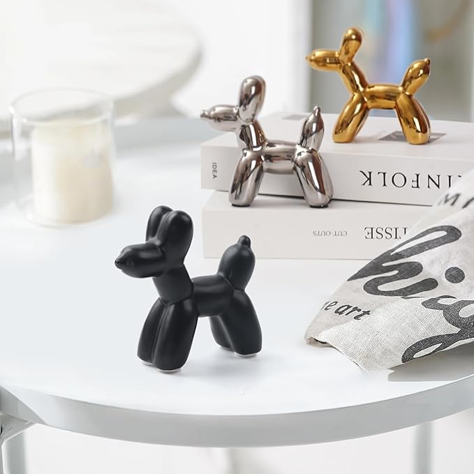 Notakia Cute Ceramics Black Balloon Dog Statue Crafts Living Room Desktop Decorations,Handmade Modern Small Ceramic Animal Statue Ornament Home Decor Accents