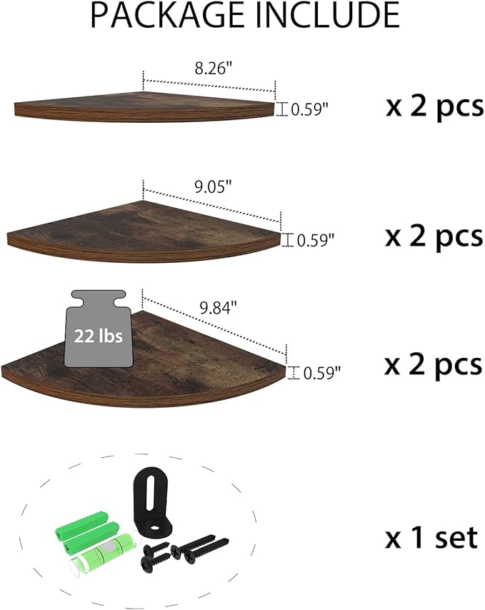 HORLIMER 6 Pack Wall Mount Floating Corner Shelf, Rustic Wood Corner Wall Shelves for Bedroom, Living Room, Bathroom, Kitchen