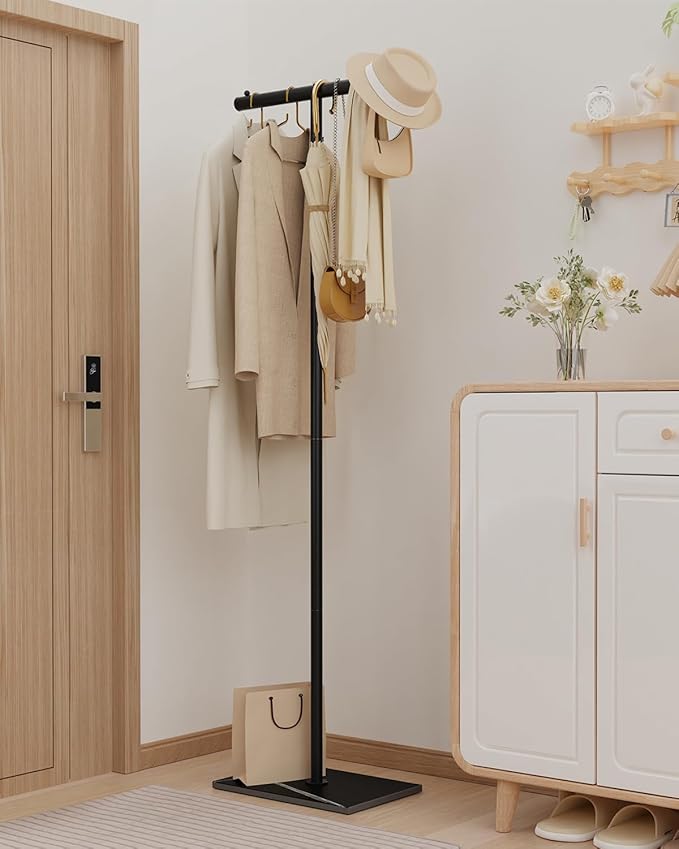 OUTBROS T-shaped Coat Rack Freestanding, Modern Clothes Rack with Rock Slab Base, Heavy-duty Metal Coat Hanging Rack for Boutiques, Hallway, Entryway, 68.9 Inches High, Black