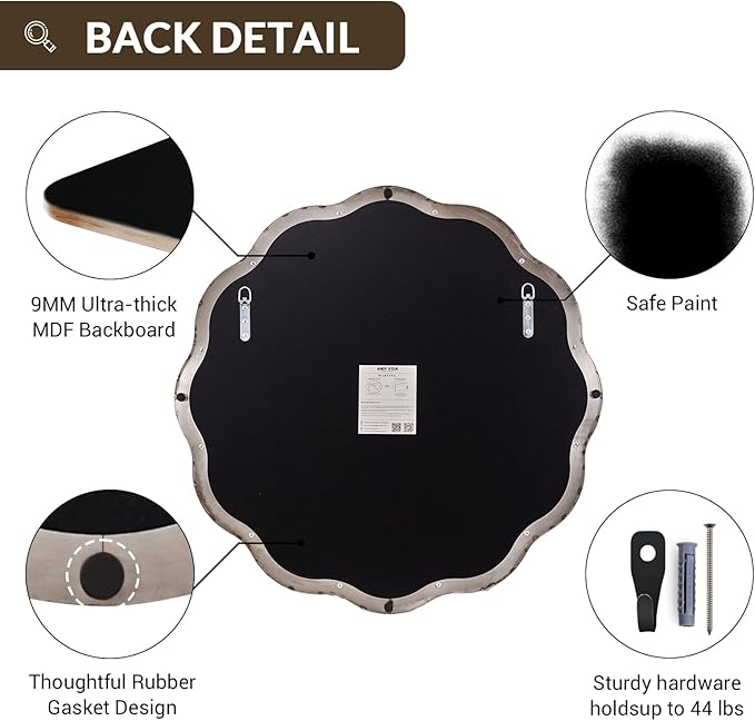ANDY STAR Brushed Nickel Round Bathroom Mirror, 36 Inch Round Circle Mirror in Stainless Steel Metal Frame, Large Silver Vanity Frame with Unique Wavy Design