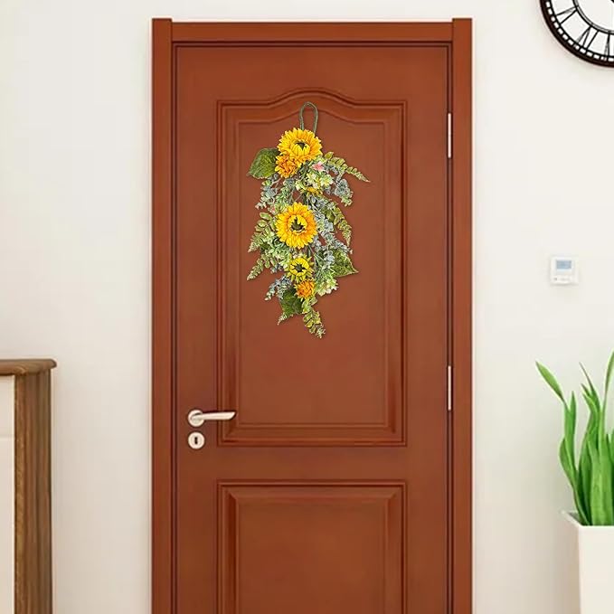 Spring Teardrop Swag for Front Door,Artificial Teardrop Swag,Spring Summer Front Door Teardrop Swag,Artificial Sunflower Swag,Artificial Floral Swag Wreath for Front Door Window(Yellow)