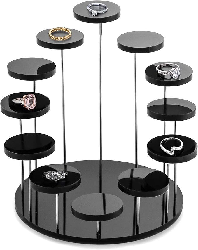 QWORK Round Acrylic Products Display Riser Stands, 12 Tier Jewelry Display Stands for Rings Earrings,Mini Figurines, Black