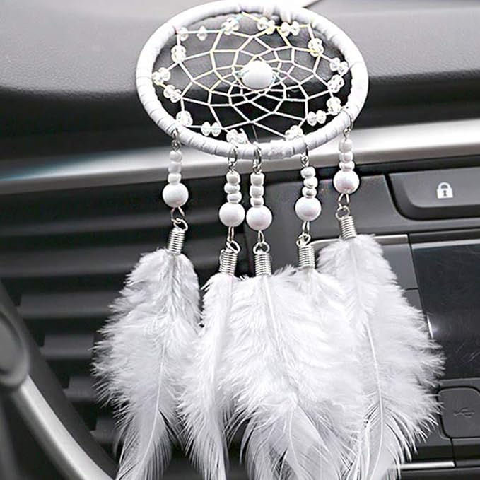 Feather Dream Catcher Pendant, Small Car Charm for Wall & Bedroom Hanging Decorations (White)