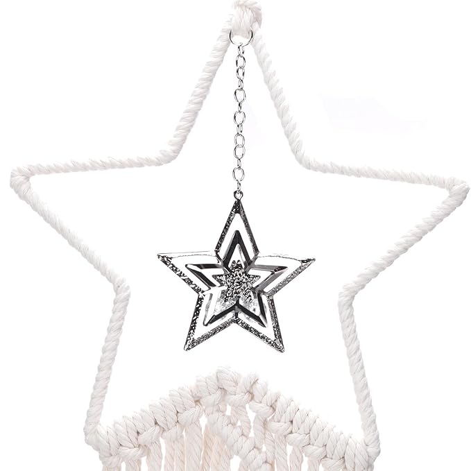 MECCANIXITY Macrame Dream Catchers, White Handmade Star Design Woven Cotton Dream Catcher Wall Hanging for Home Bedroom Decoration Ornament Craft Gift