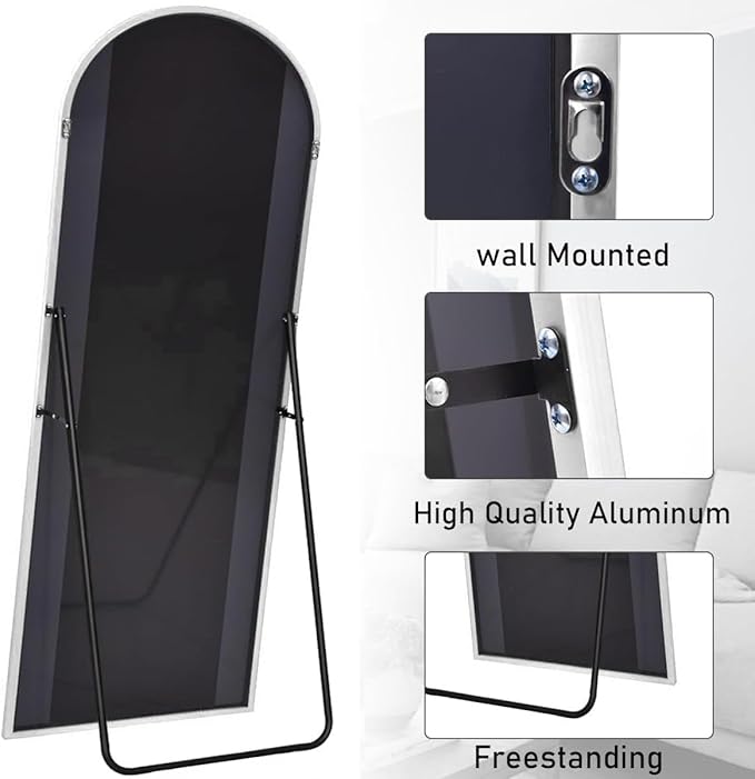 Prywot Arched Floor Mirror, 58" x 18" Full Length Wall Mirror Hanging or Leaning Arched-Top Full Body Mirror with Stand for Bedroom, Dressing Room, White