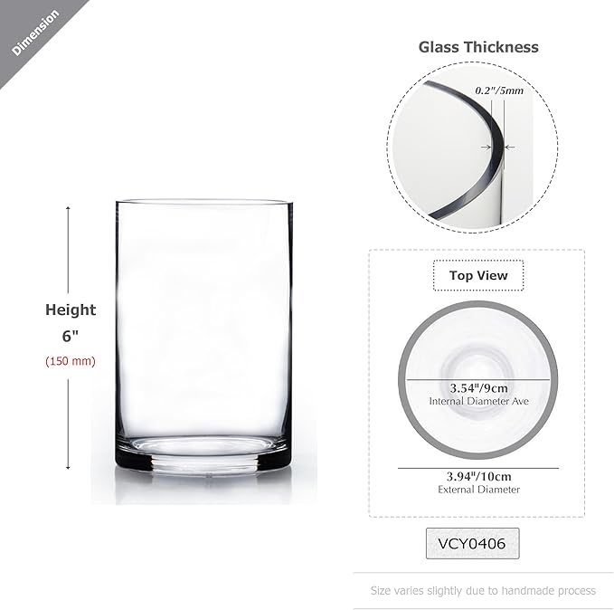 WGVI Quality Thick Weighted Clear Cylinder Glass Vases, 4" W x 6" H, Flower Arrangement Glass Candle Holders Wedding Centerpieces Terrarium Planter Pen Brush Storage Container, Bulk Wholesale, 12 Pcs