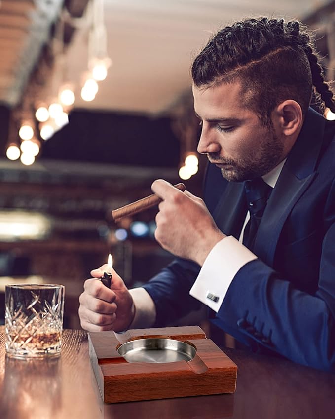 Wood Cigar Ashtray Cigarettes Ashtrays for Indoor Outdoor Patio Home Office Use Square Wooden Brown Cigar Ash Tray Gifts for Men with GIFT BOX (Classic)