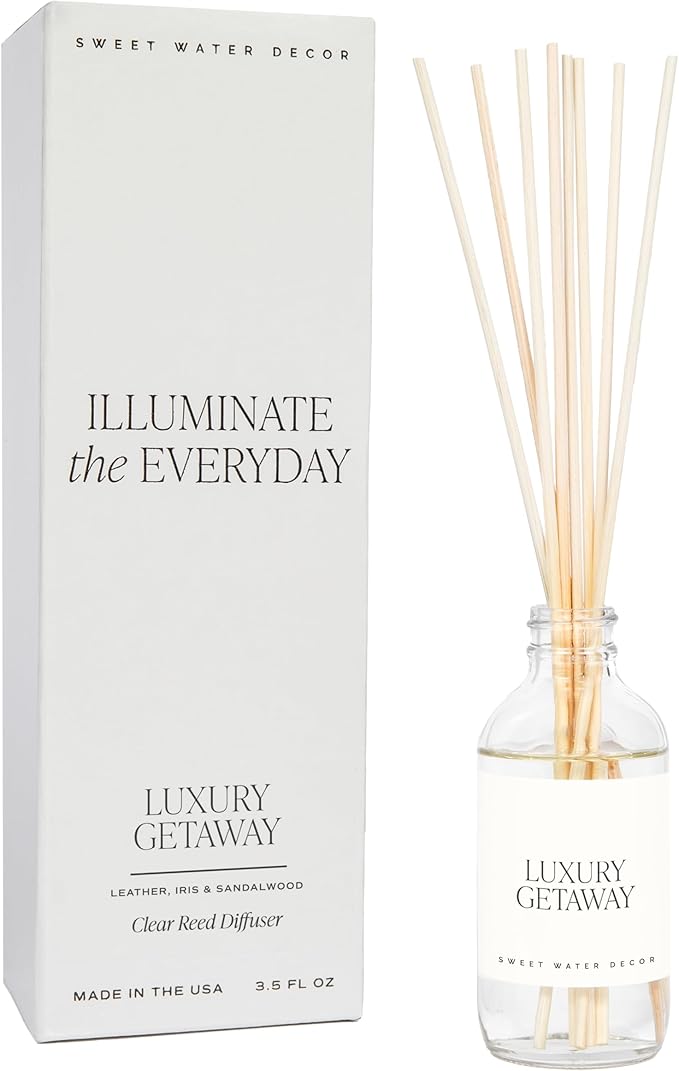 Sweet Water Decor Luxury Getaway Reed Diffuser Set - Room Diffuser with Leather, Amber & Musk Scent - Reed Diffuser for Bathroom Lasts for 4 Months - Home Diffuser with Premium Fragrance Oils