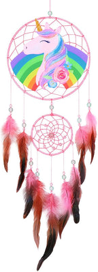 Basumee Dream Catcher for Kids Feather Dream Catchers Handmade Home Decor Wall Hanging with Double Ring for Nursery Bedroom Boys Room, Rainbow Unicorn