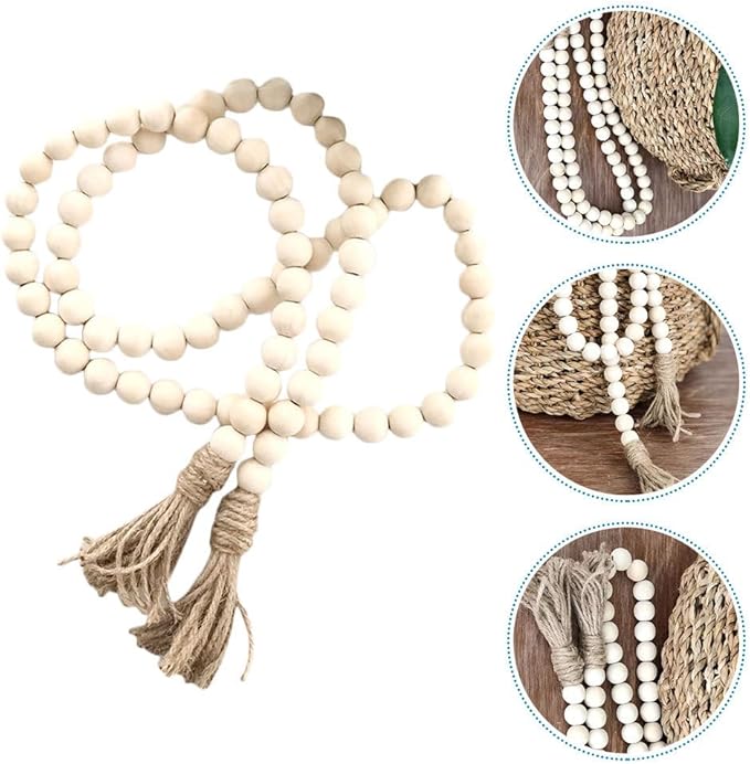 IMIKEYA Wooden Bead Tassel Decoration 57 Inch Natural Wood Beads Garland for Farmhouse Boho and French Country Home Decor Perfect for Tiered Trays and Centerpieces