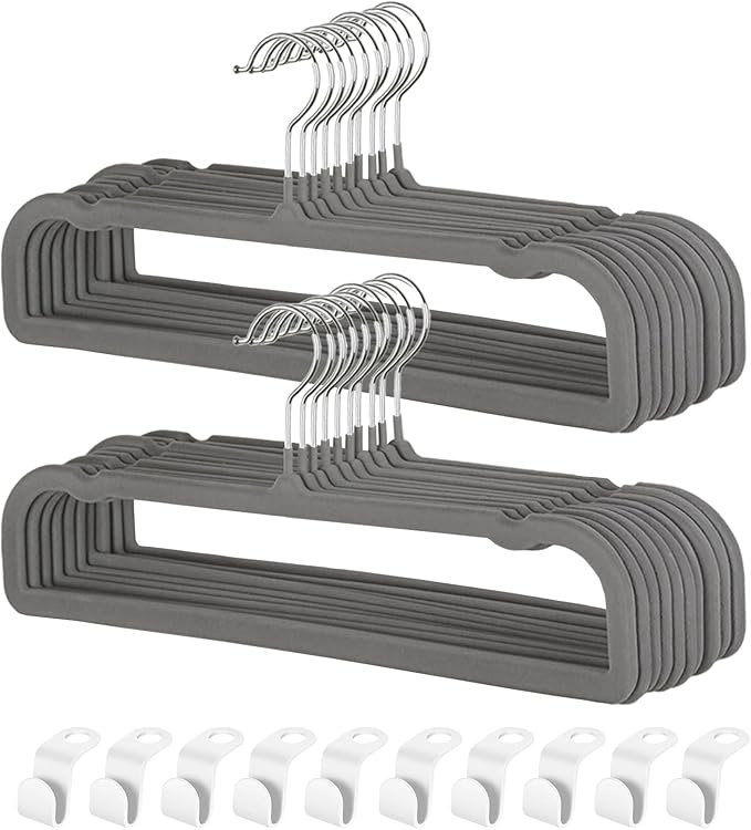Velvet Pants Hangers with Non Slip Bar, 20 Pack Felt Slack/Trouser Hangers for Closet, Slim Space Saving Closet Perchas Terciopelo 360° Swivel Hook for Tank Top, Bra, Shorts, Jeans, Towel (Grey)